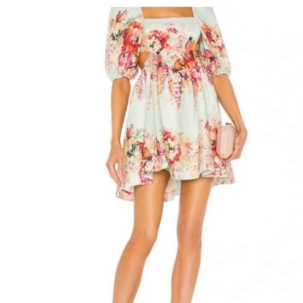Zimmermann Mint Floral Puff-Sleeve Cut Out Mae Mini Dress Sz 1 AU - Picture 6 of 15